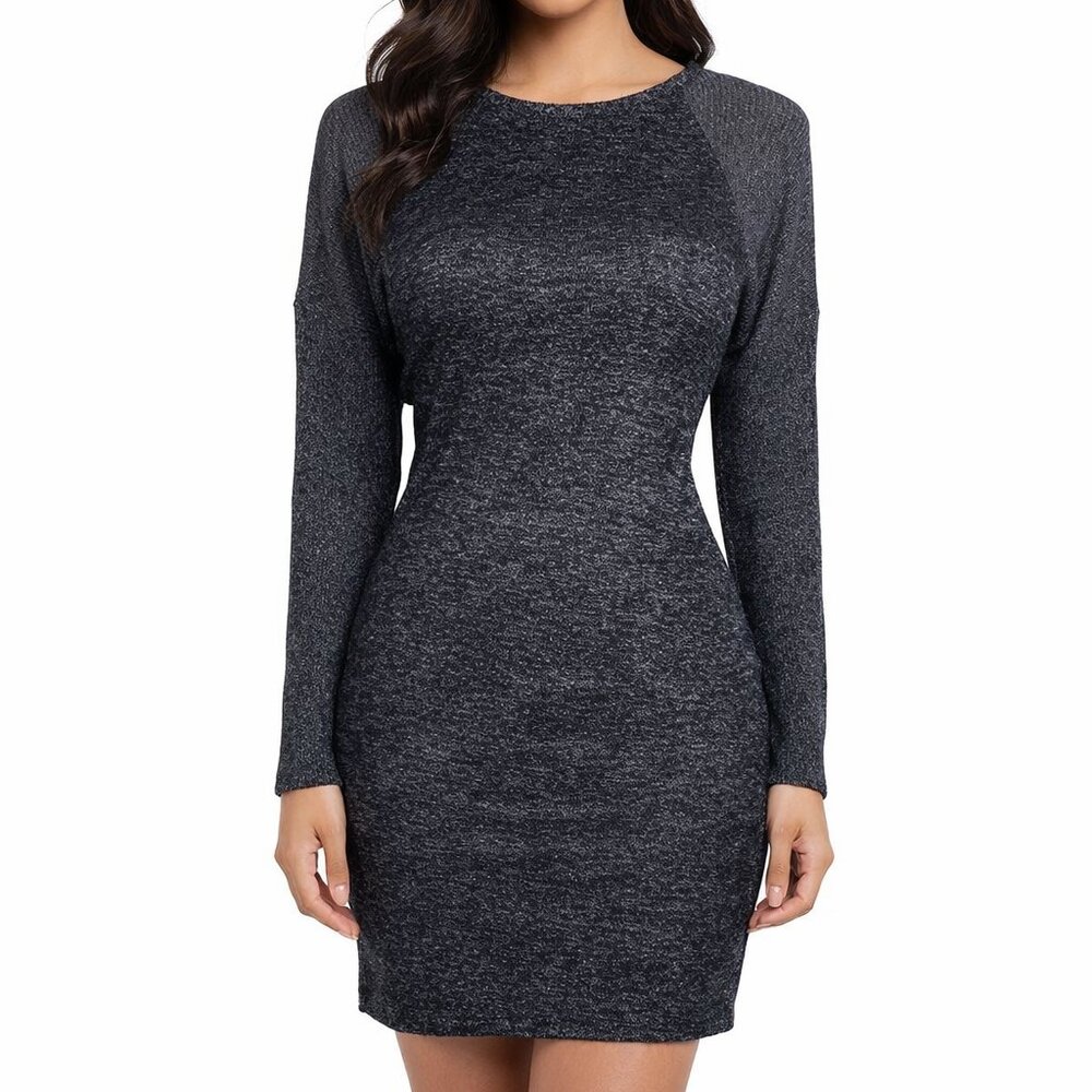 Bobeau Charcoal Gray Space Dye Knit Dress Long Sleeve Raglan Midi Size M